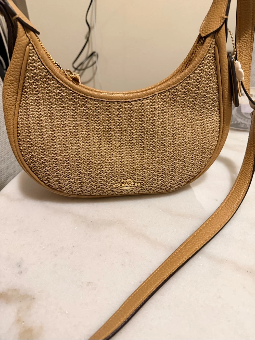 Coach Woven Crescent Hobo in Tan and Cream